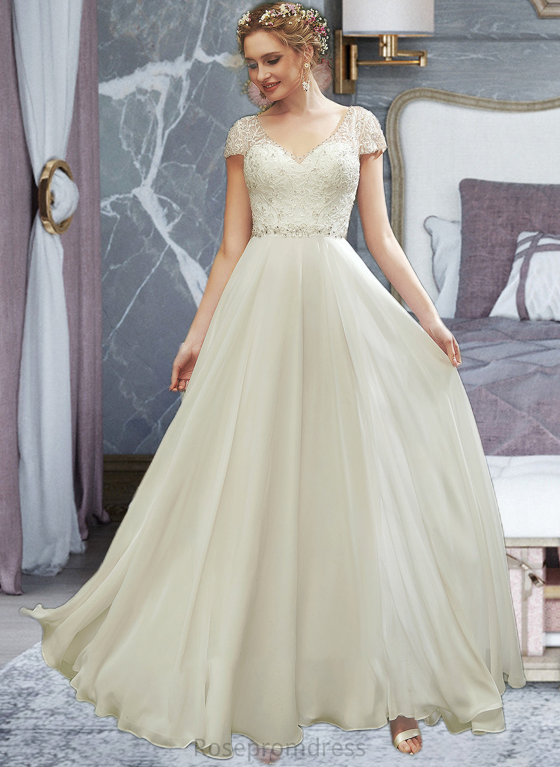 Taliyah A-Line V-neck Floor-Length Wedding Dress With Lace Beading Sequins SRSP0013784