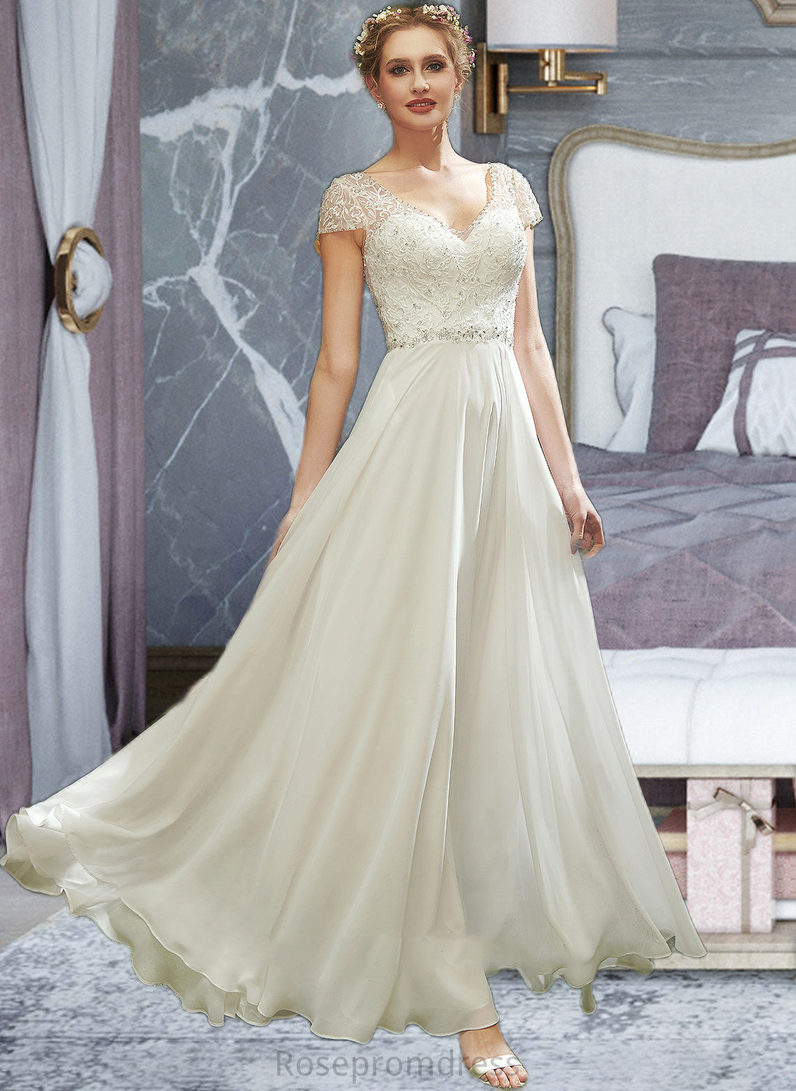 Taliyah A-Line V-neck Floor-Length Wedding Dress With Lace Beading Sequins SRSP0013784