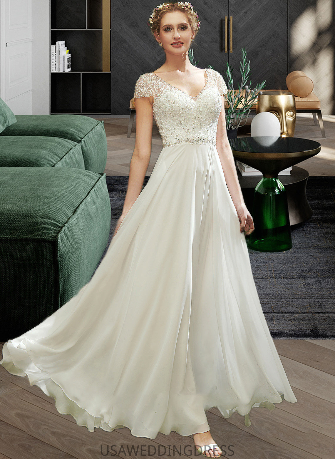 Caitlyn A-Line V-neck Floor-Length Wedding Dress With Lace Beading Sequins DSP0013784