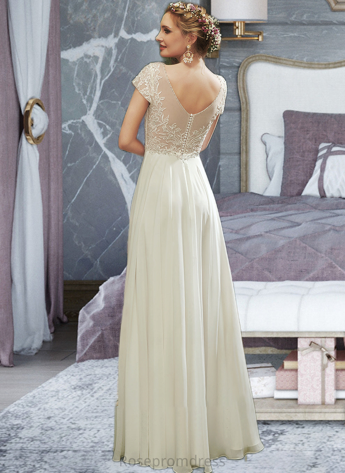 Taliyah A-Line V-neck Floor-Length Wedding Dress With Lace Beading Sequins SRSP0013784