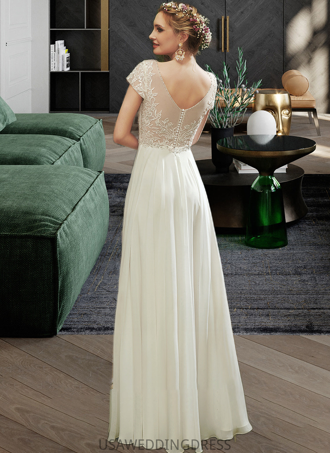 Caitlyn A-Line V-neck Floor-Length Wedding Dress With Lace Beading Sequins DSP0013784