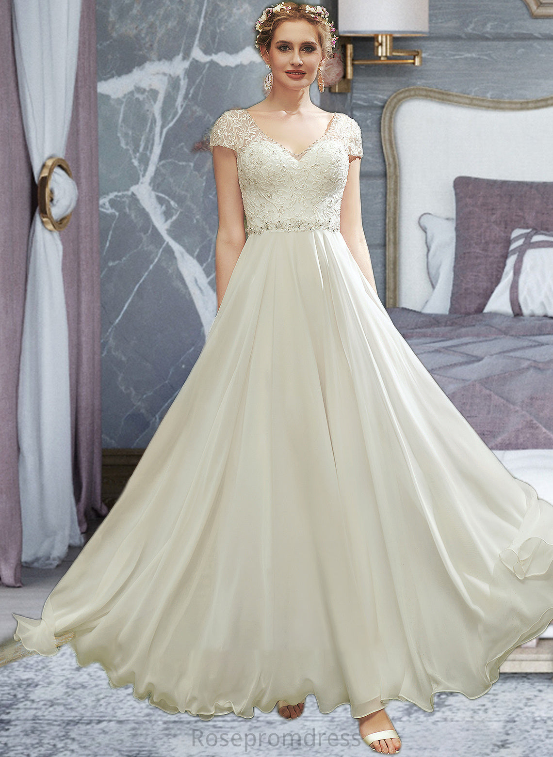 Taliyah A-Line V-neck Floor-Length Wedding Dress With Lace Beading Sequins SRSP0013784