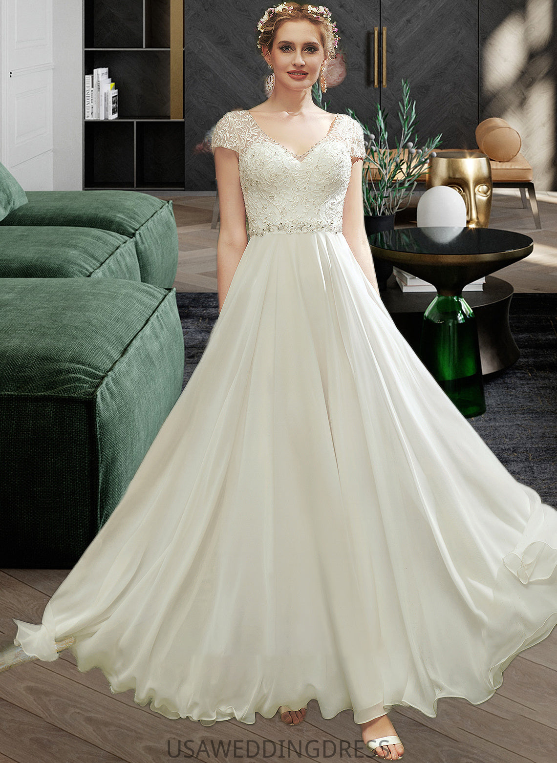 Caitlyn A-Line V-neck Floor-Length Wedding Dress With Lace Beading Sequins DSP0013784