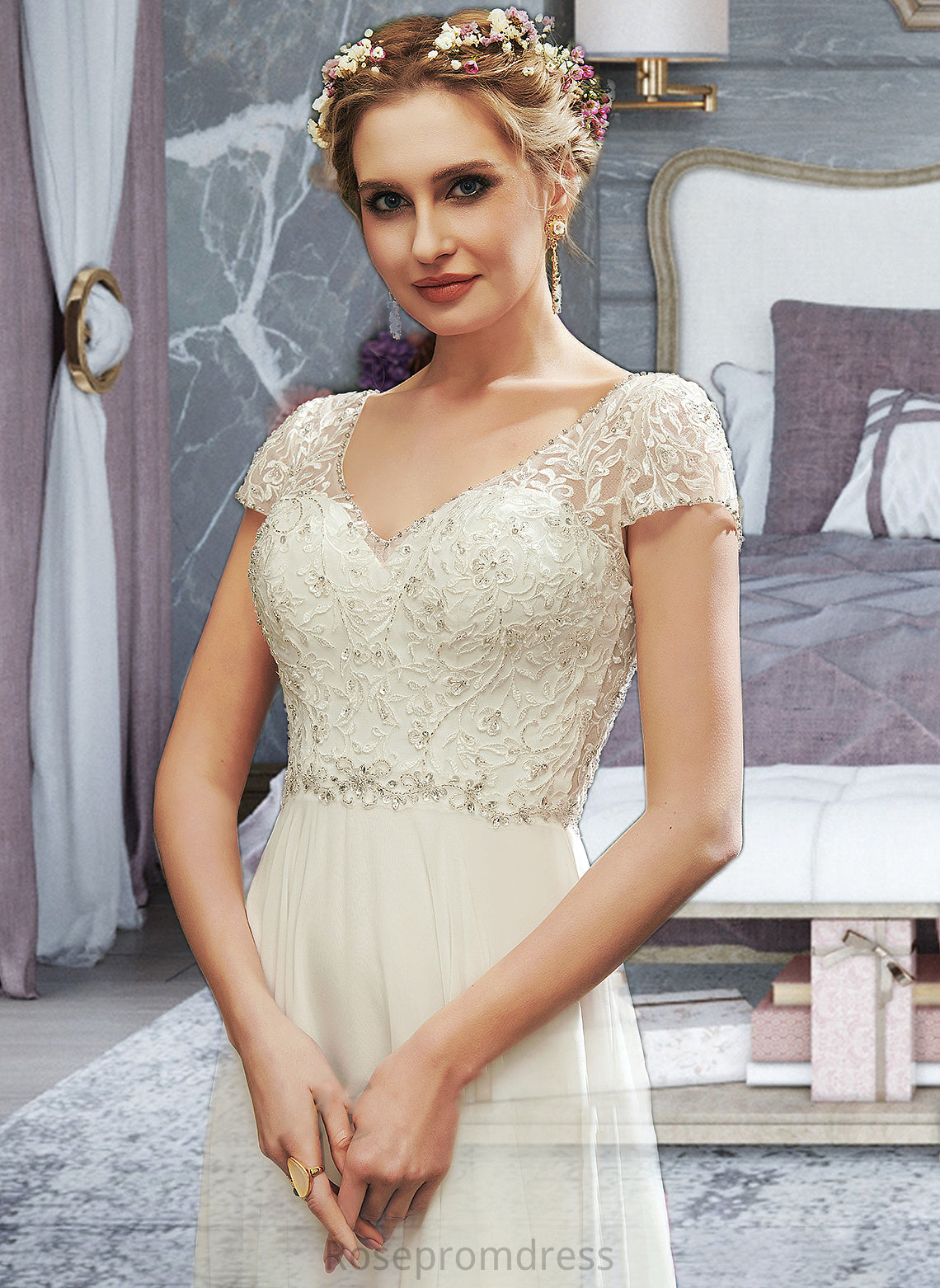 Taliyah A-Line V-neck Floor-Length Wedding Dress With Lace Beading Sequins SRSP0013784