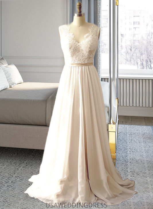 Jazlyn A-Line V-neck Court Train Chiffon Wedding Dress DSP0013785