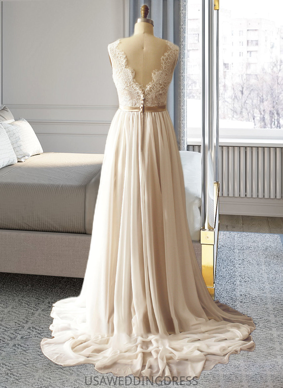 Jazlyn A-Line V-neck Court Train Chiffon Wedding Dress DSP0013785