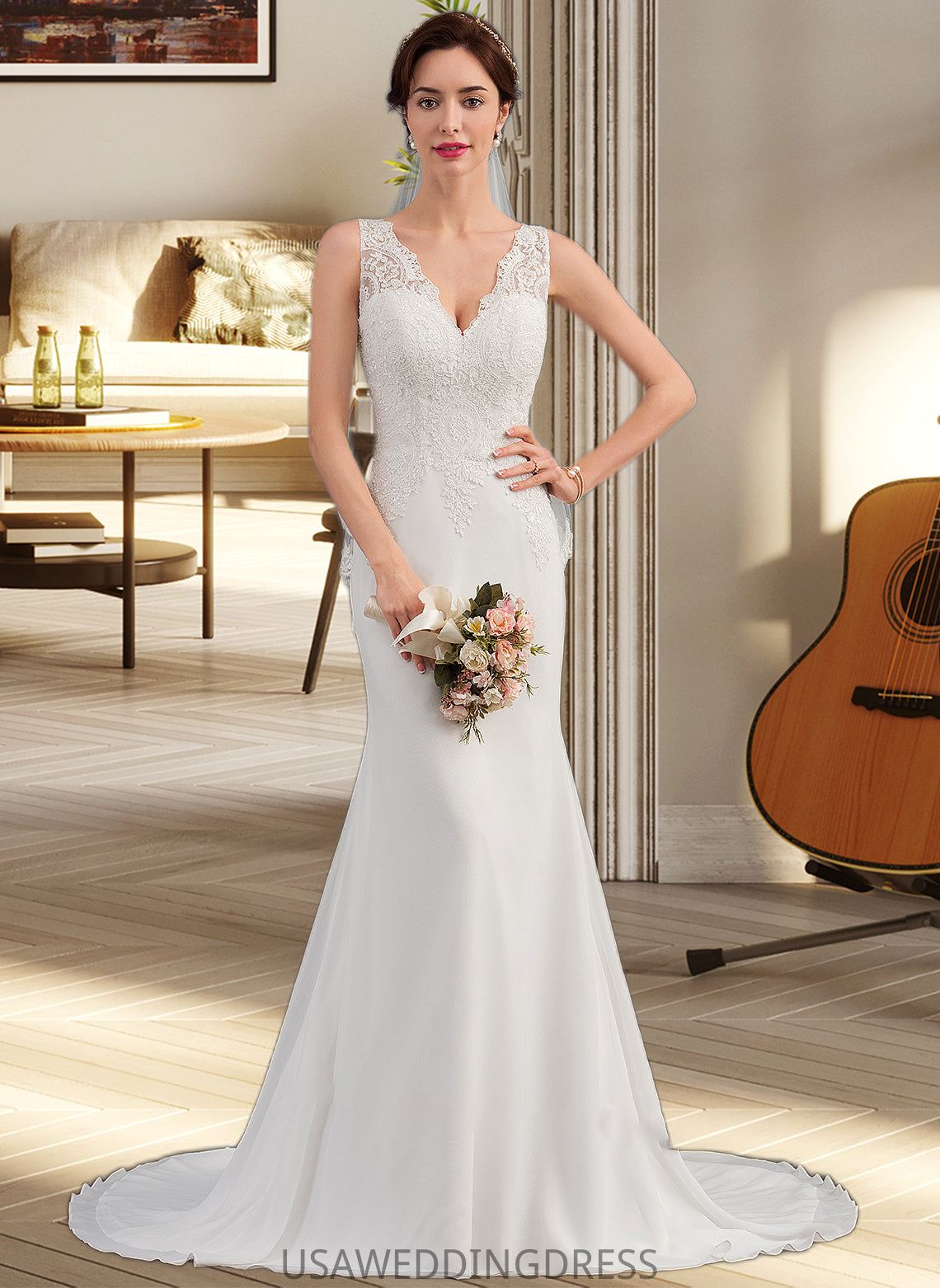 Rita Trumpet/Mermaid V-neck Court Train Chiffon Wedding Dress DSP0013788