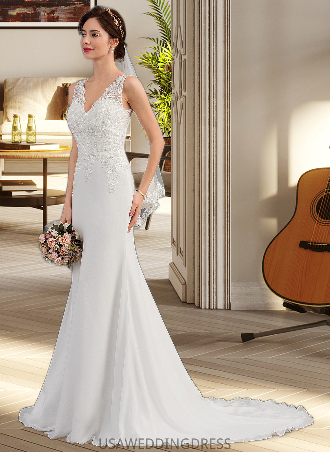 Rita Trumpet/Mermaid V-neck Court Train Chiffon Wedding Dress DSP0013788