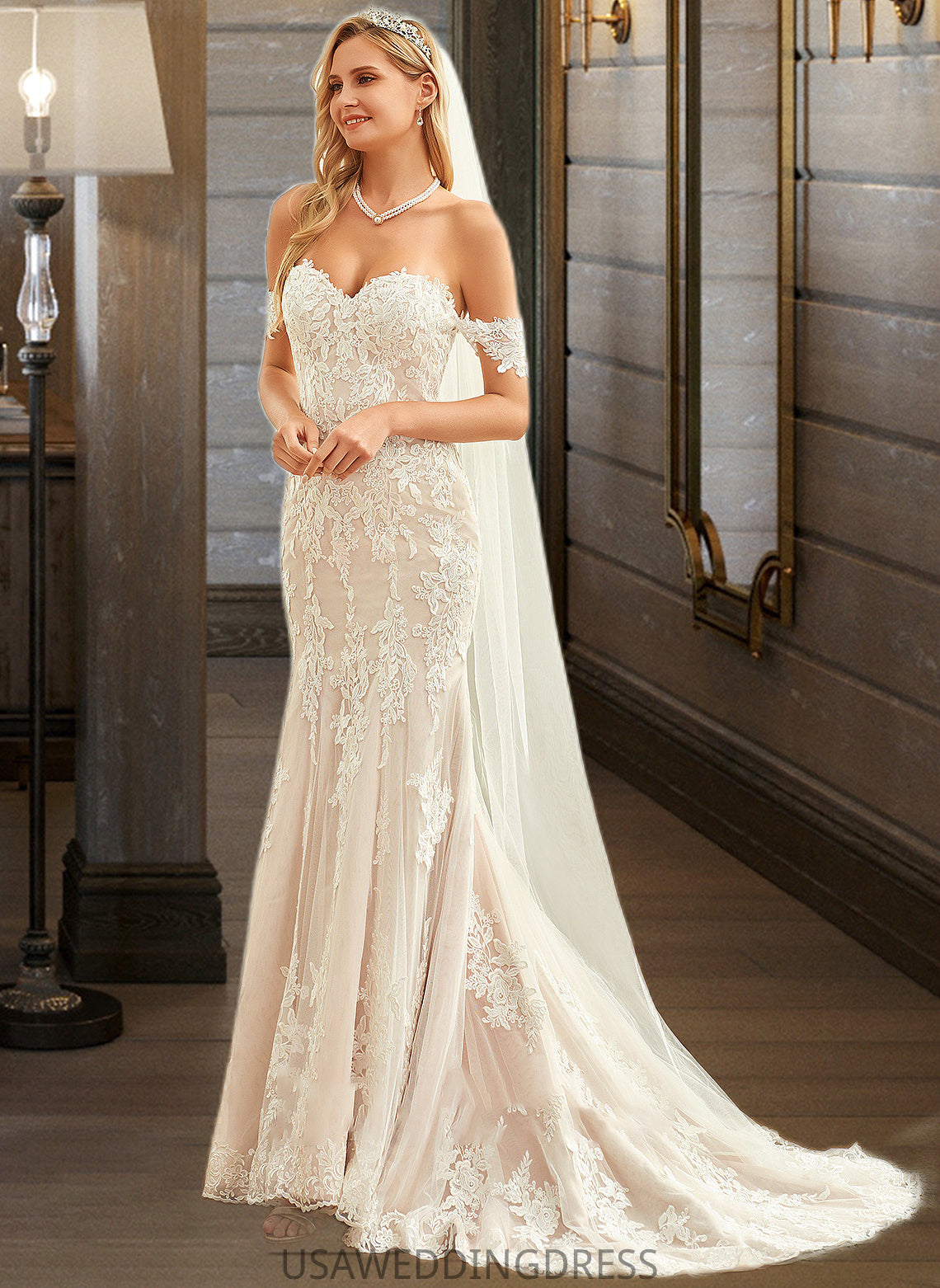 Stephanie Trumpet/Mermaid Off-the-Shoulder Court Train Tulle Lace Wedding Dress DSP0013789