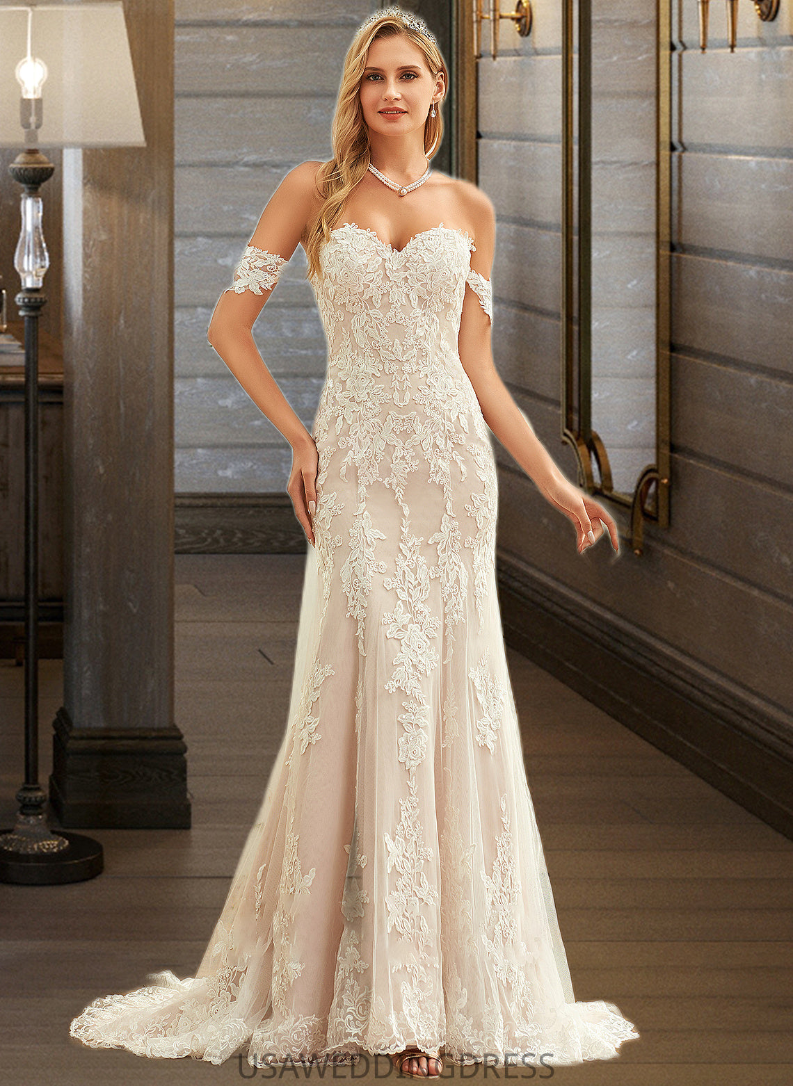 Stephanie Trumpet/Mermaid Off-the-Shoulder Court Train Tulle Lace Wedding Dress DSP0013789