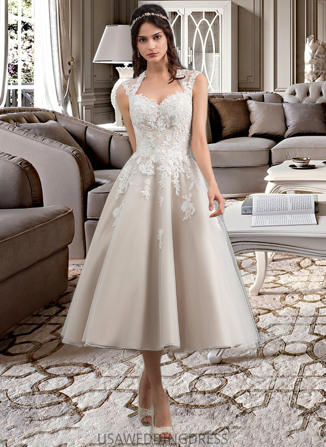 Haylie Ball-Gown/Princess Sweetheart Tea-Length Tulle Wedding Dress With Sequins DSP0013791