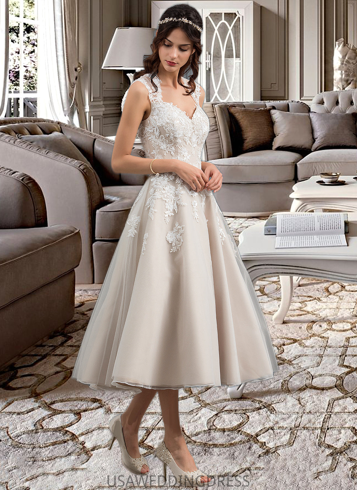 Haylie Ball-Gown/Princess Sweetheart Tea-Length Tulle Wedding Dress With Sequins DSP0013791