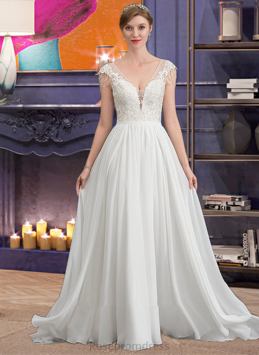 Isabelle A-Line V-neck Sweep Train Chiffon Wedding Dress With Beading Sequins SRSP0013792