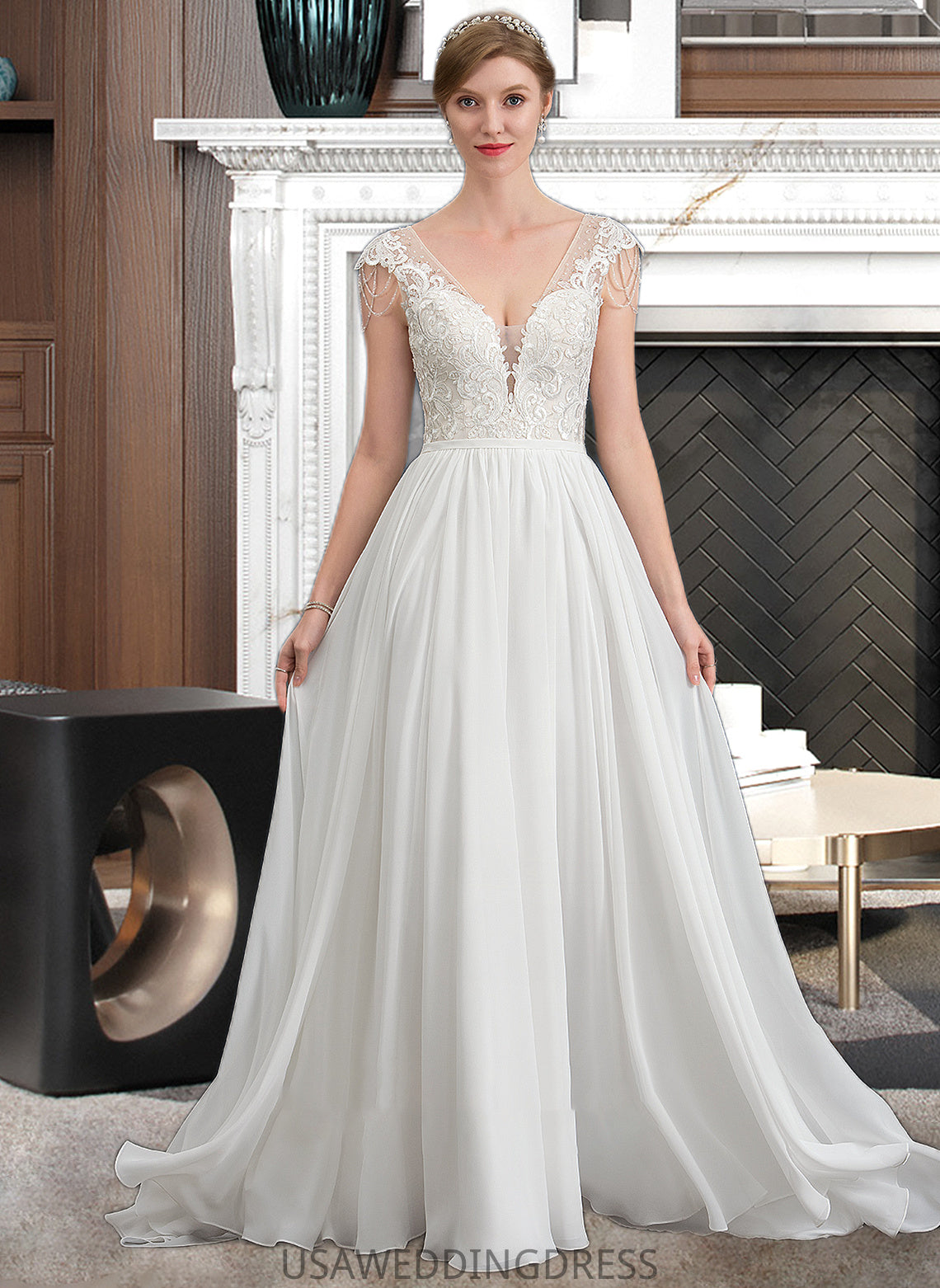 Alena A-Line V-neck Sweep Train Chiffon Wedding Dress With Beading Sequins DSP0013792