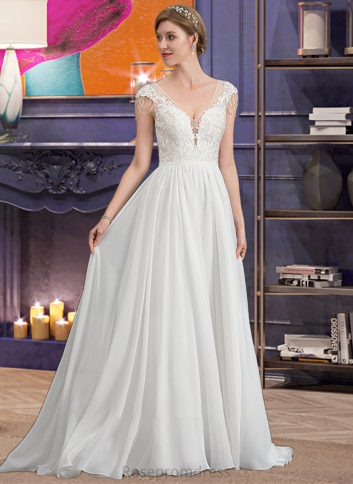 Isabelle A-Line V-neck Sweep Train Chiffon Wedding Dress With Beading Sequins SRSP0013792