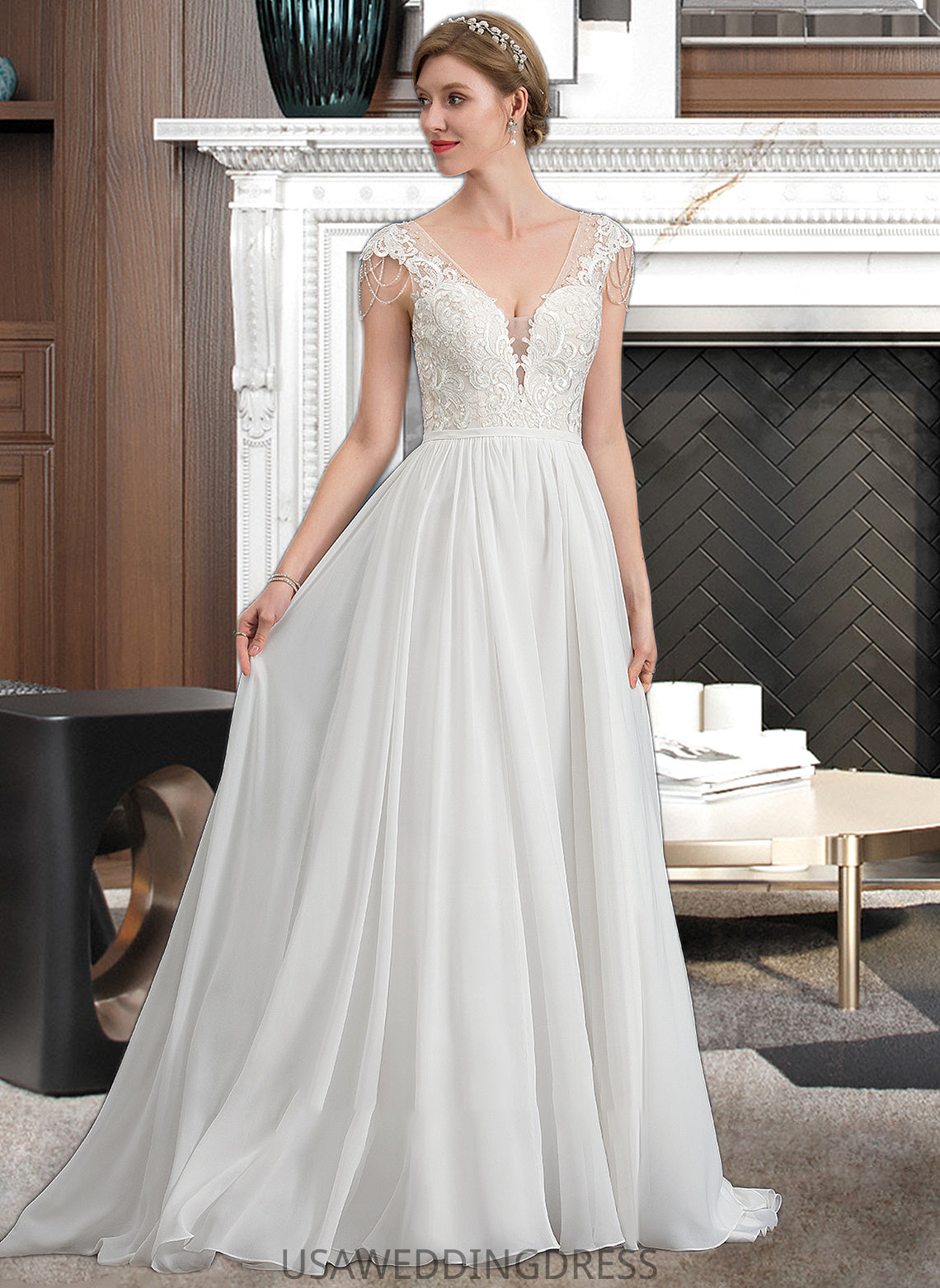 Alena A-Line V-neck Sweep Train Chiffon Wedding Dress With Beading Sequins DSP0013792