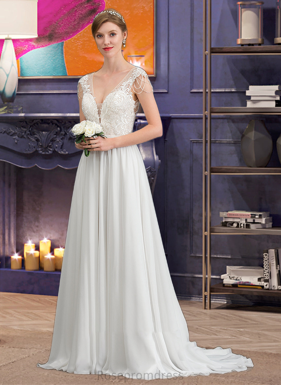 Isabelle A-Line V-neck Sweep Train Chiffon Wedding Dress With Beading Sequins SRSP0013792