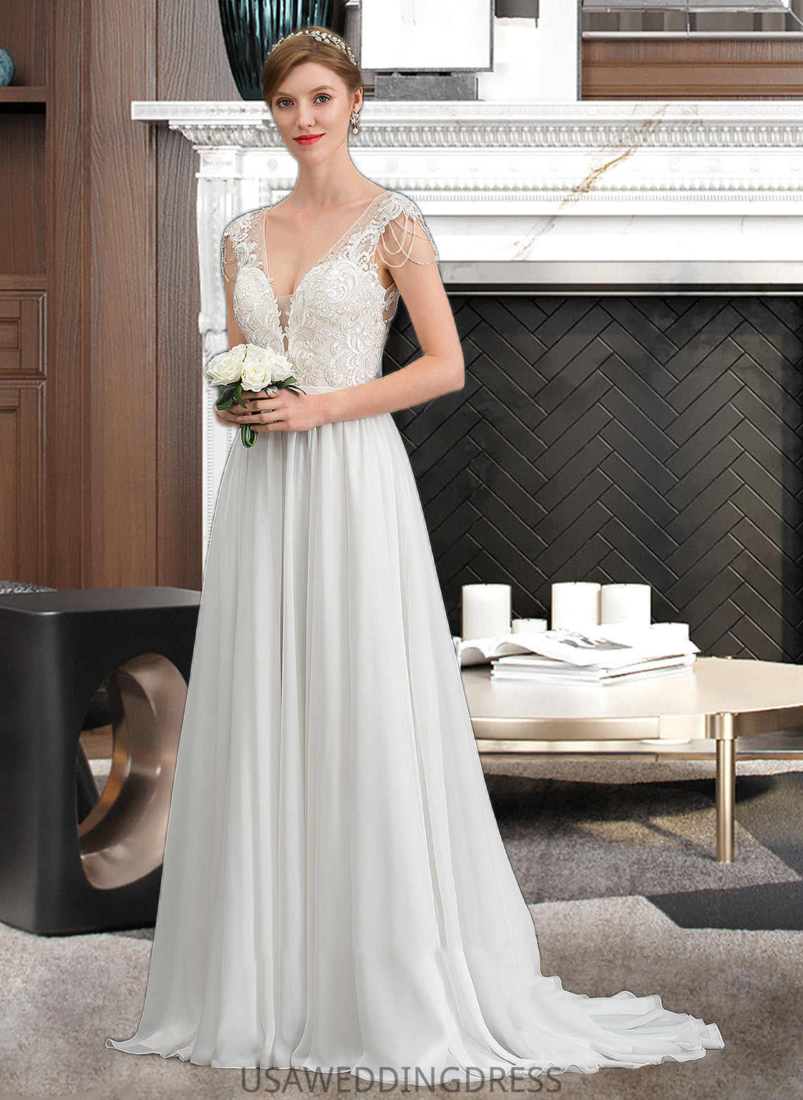 Alena A-Line V-neck Sweep Train Chiffon Wedding Dress With Beading Sequins DSP0013792