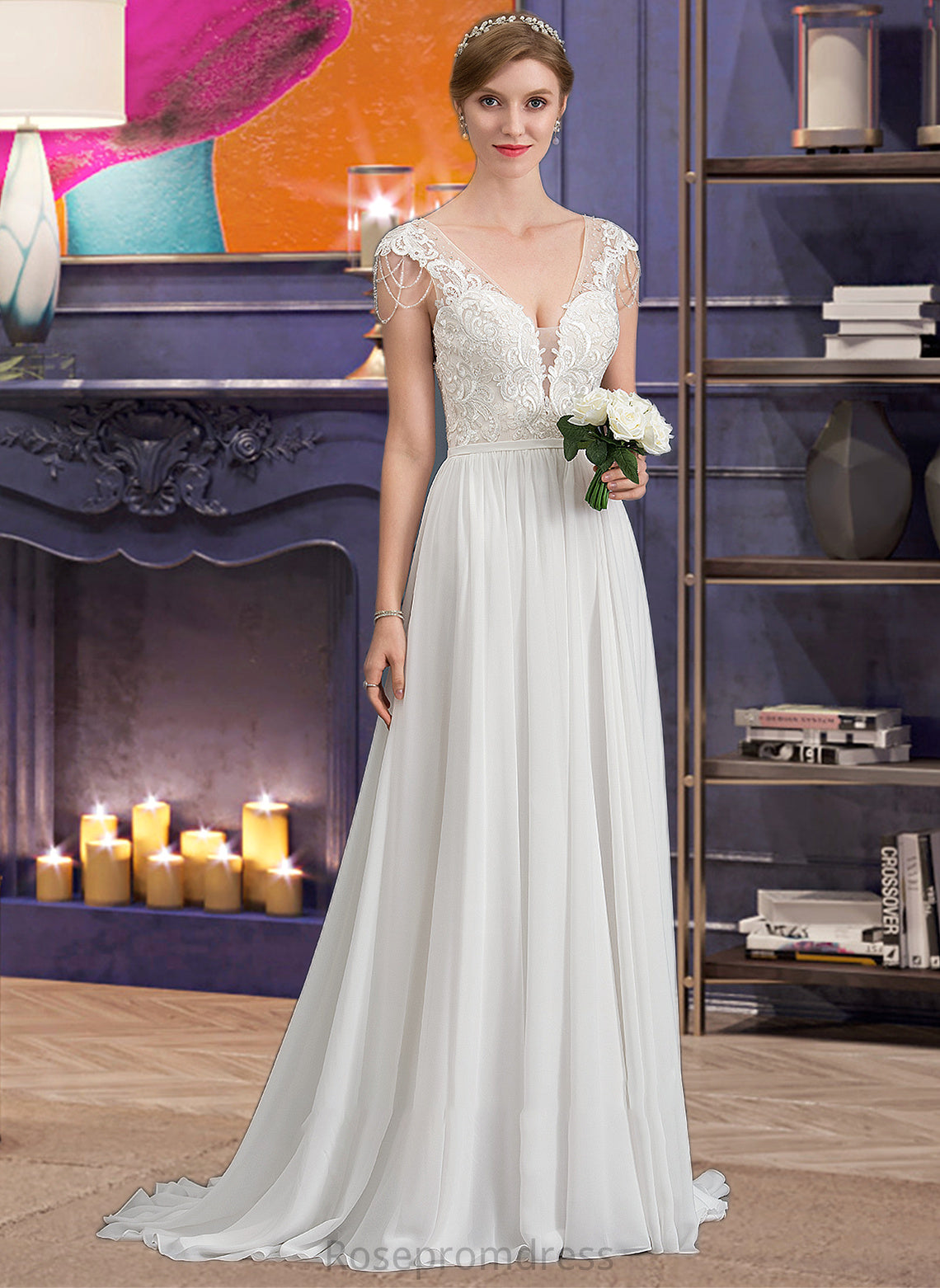 Isabelle A-Line V-neck Sweep Train Chiffon Wedding Dress With Beading Sequins SRSP0013792