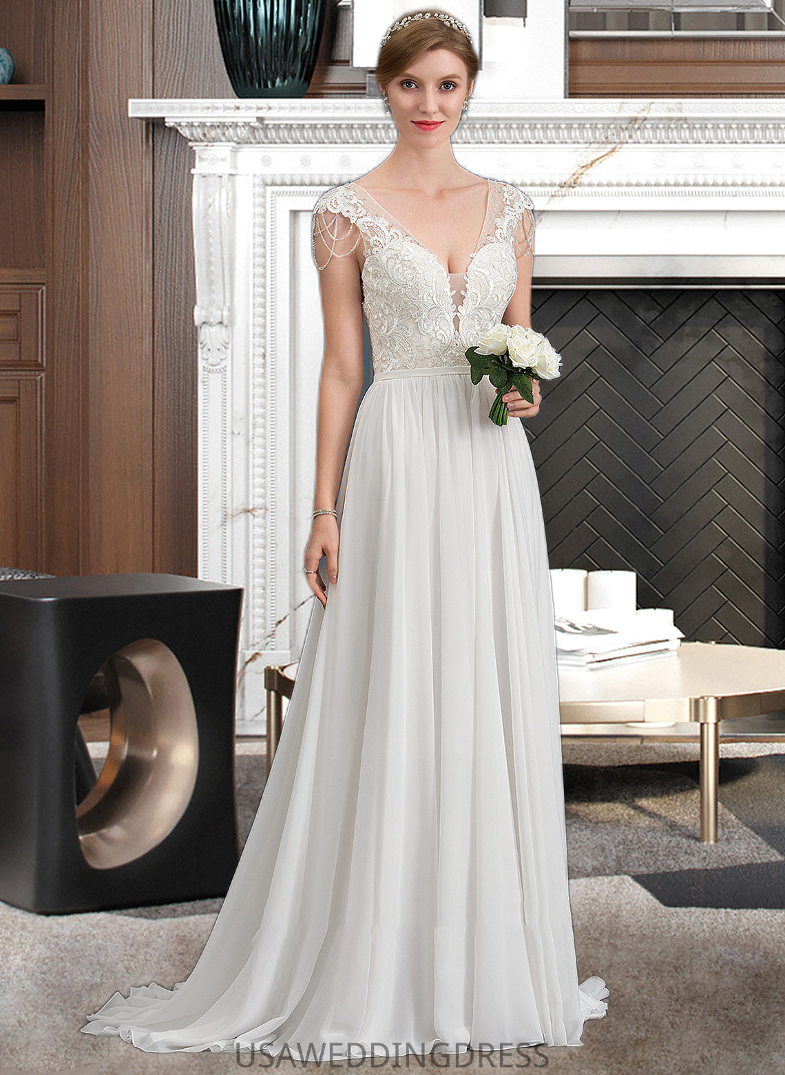 Alena A-Line V-neck Sweep Train Chiffon Wedding Dress With Beading Sequins DSP0013792