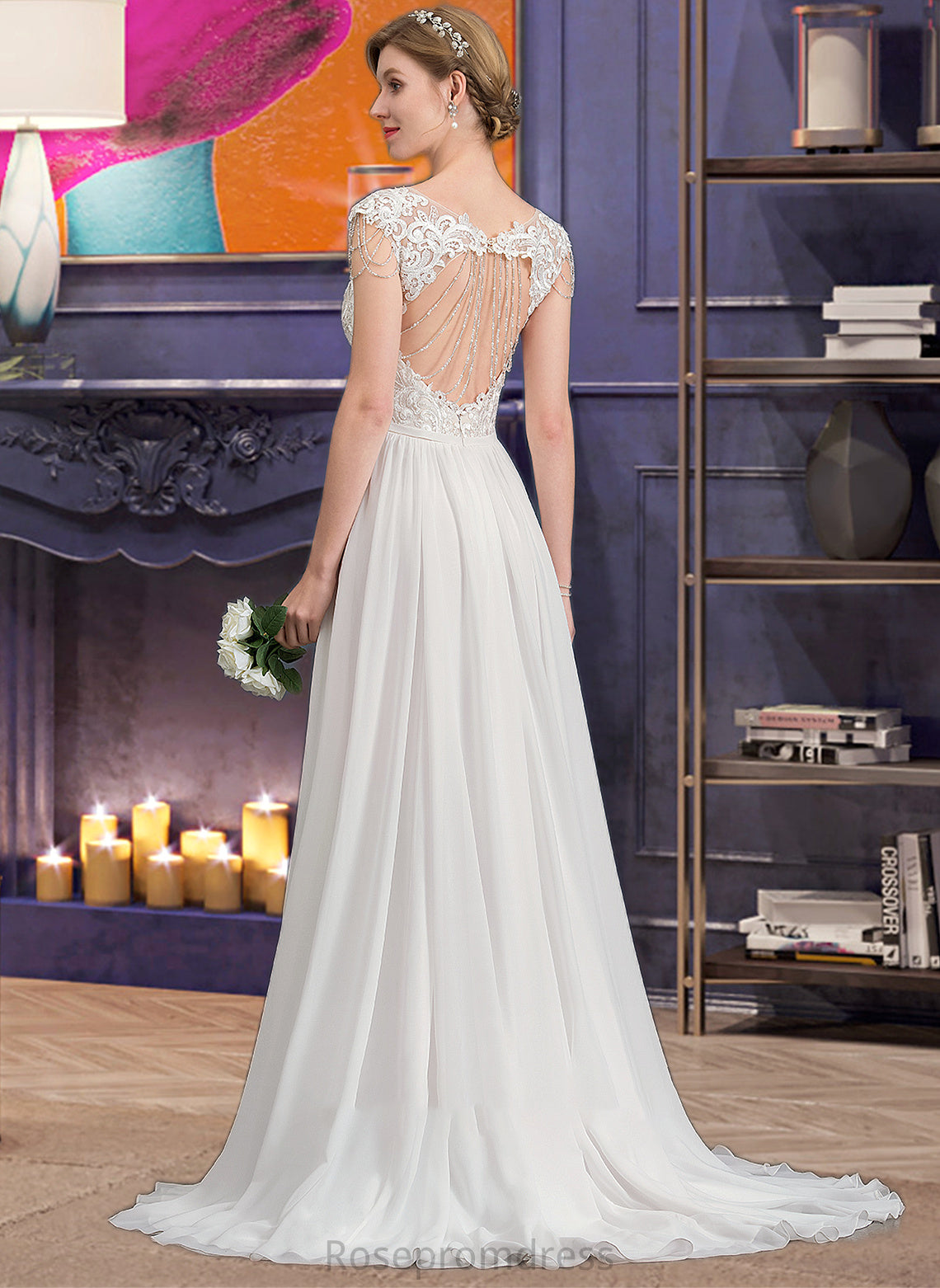 Isabelle A-Line V-neck Sweep Train Chiffon Wedding Dress With Beading Sequins SRSP0013792