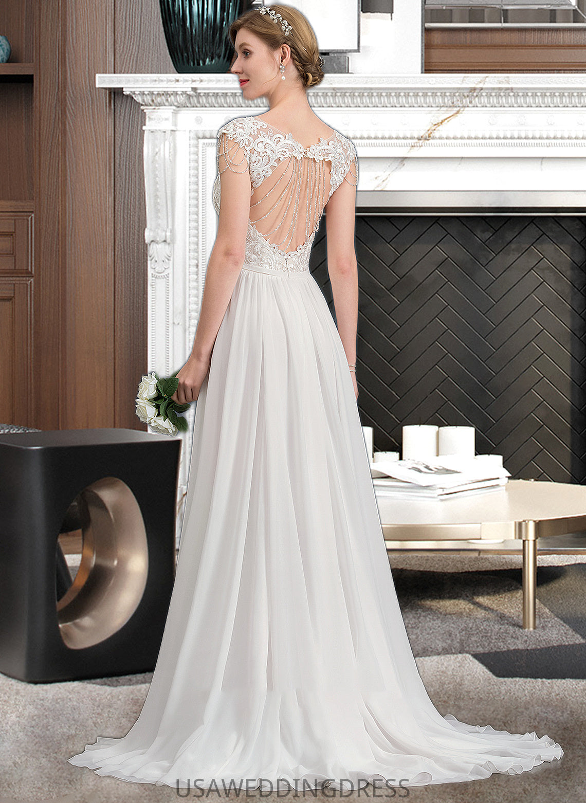 Alena A-Line V-neck Sweep Train Chiffon Wedding Dress With Beading Sequins DSP0013792