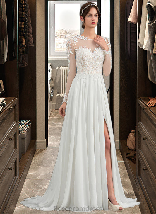 Jaliyah A-Line Illusion Sweep Train Chiffon Wedding Dress With Appliques Lace Split Front SRSP0013793