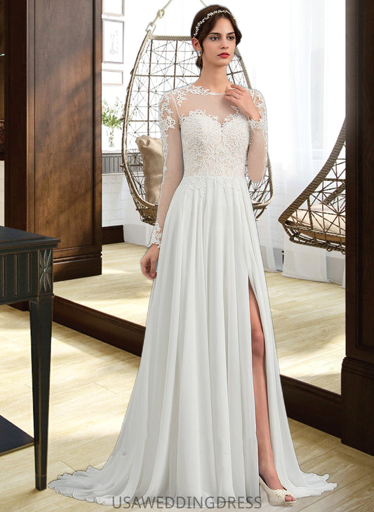 Coral A-Line Illusion Sweep Train Chiffon Wedding Dress With Appliques Lace Split Front DSP0013793