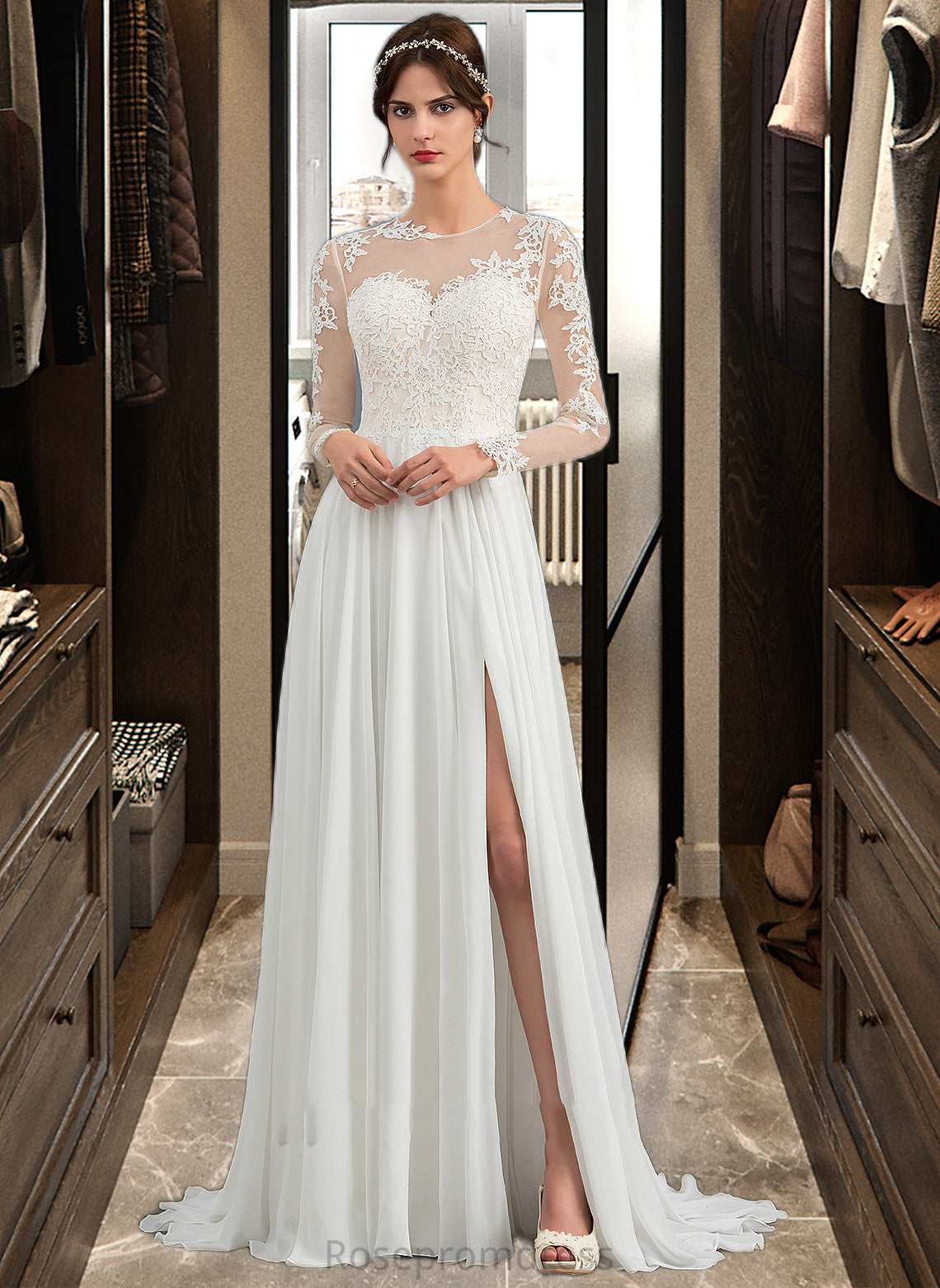 Jaliyah A-Line Illusion Sweep Train Chiffon Wedding Dress With Appliques Lace Split Front SRSP0013793