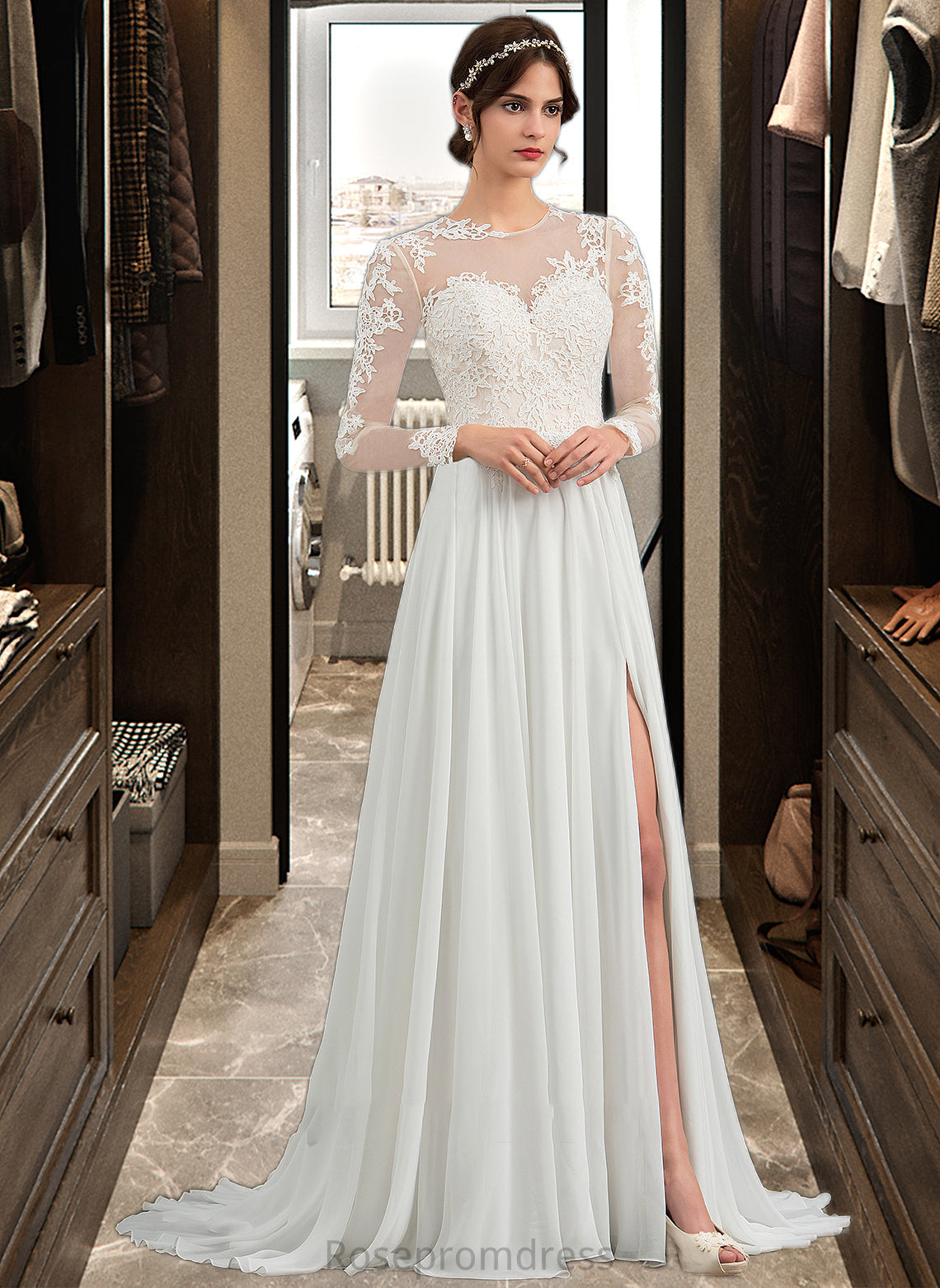 Jaliyah A-Line Illusion Sweep Train Chiffon Wedding Dress With Appliques Lace Split Front SRSP0013793