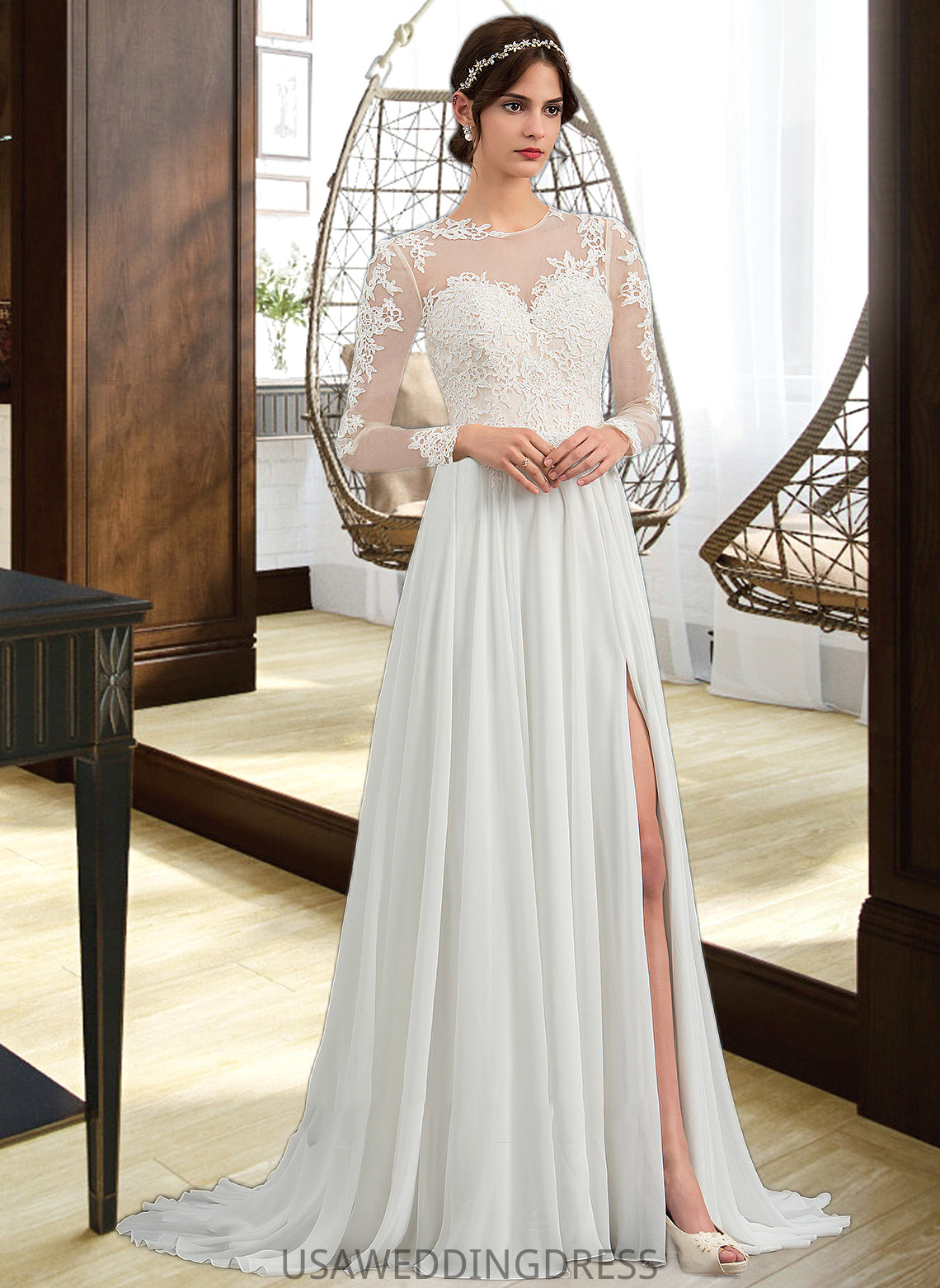 Coral A-Line Illusion Sweep Train Chiffon Wedding Dress With Appliques Lace Split Front DSP0013793