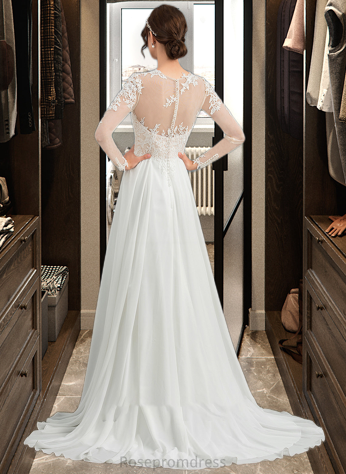 Jaliyah A-Line Illusion Sweep Train Chiffon Wedding Dress With Appliques Lace Split Front SRSP0013793