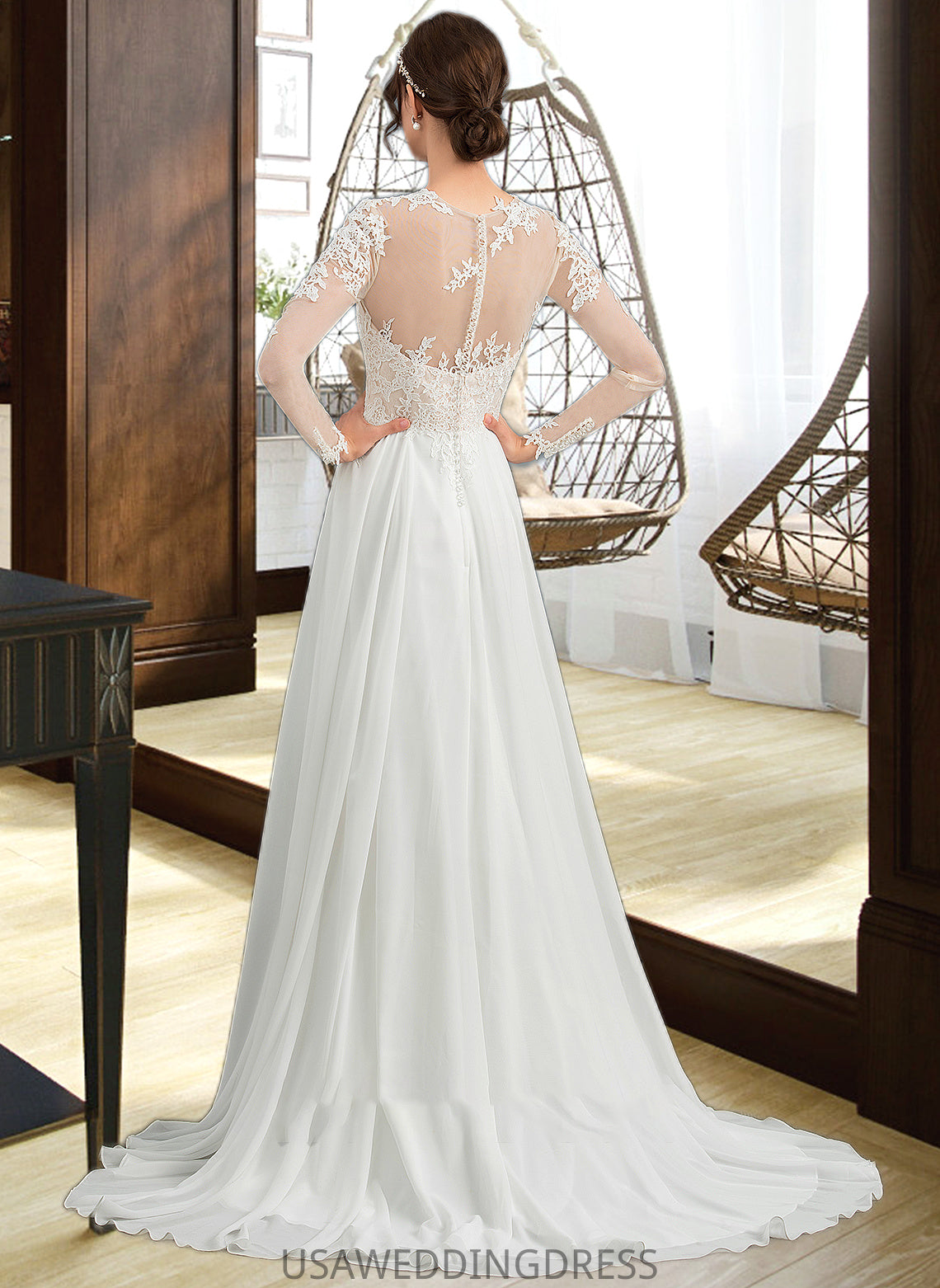 Coral A-Line Illusion Sweep Train Chiffon Wedding Dress With Appliques Lace Split Front DSP0013793