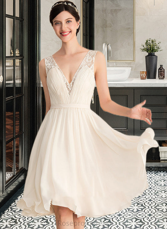 Brylee A-Line V-neck Knee-Length Chiffon Lace Wedding Dress With Ruffle SRSP0013794