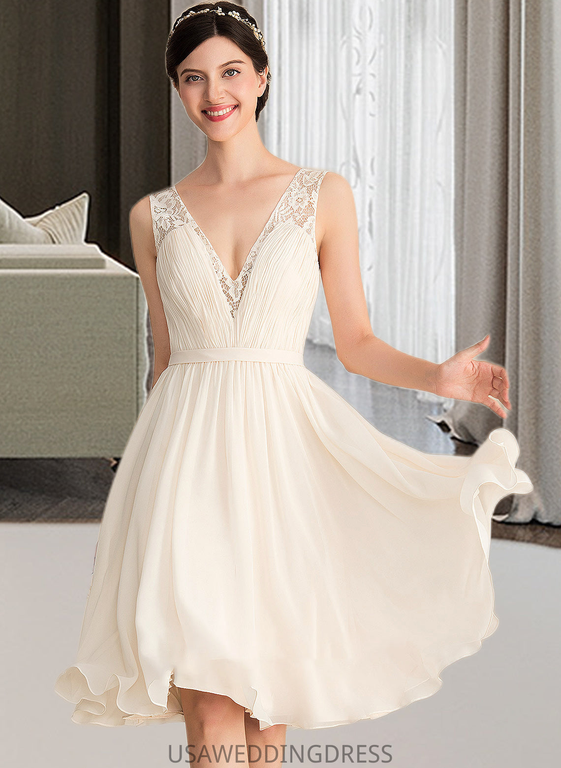 Elsa A-Line V-neck Knee-Length Chiffon Lace Wedding Dress With Ruffle DSP0013794