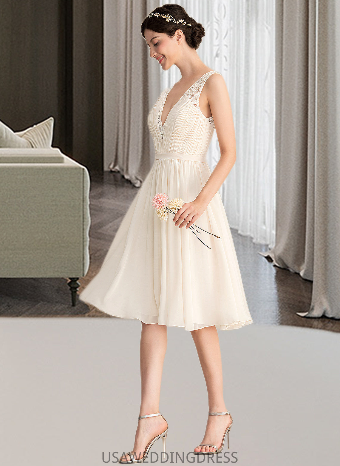 Elsa A-Line V-neck Knee-Length Chiffon Lace Wedding Dress With Ruffle DSP0013794