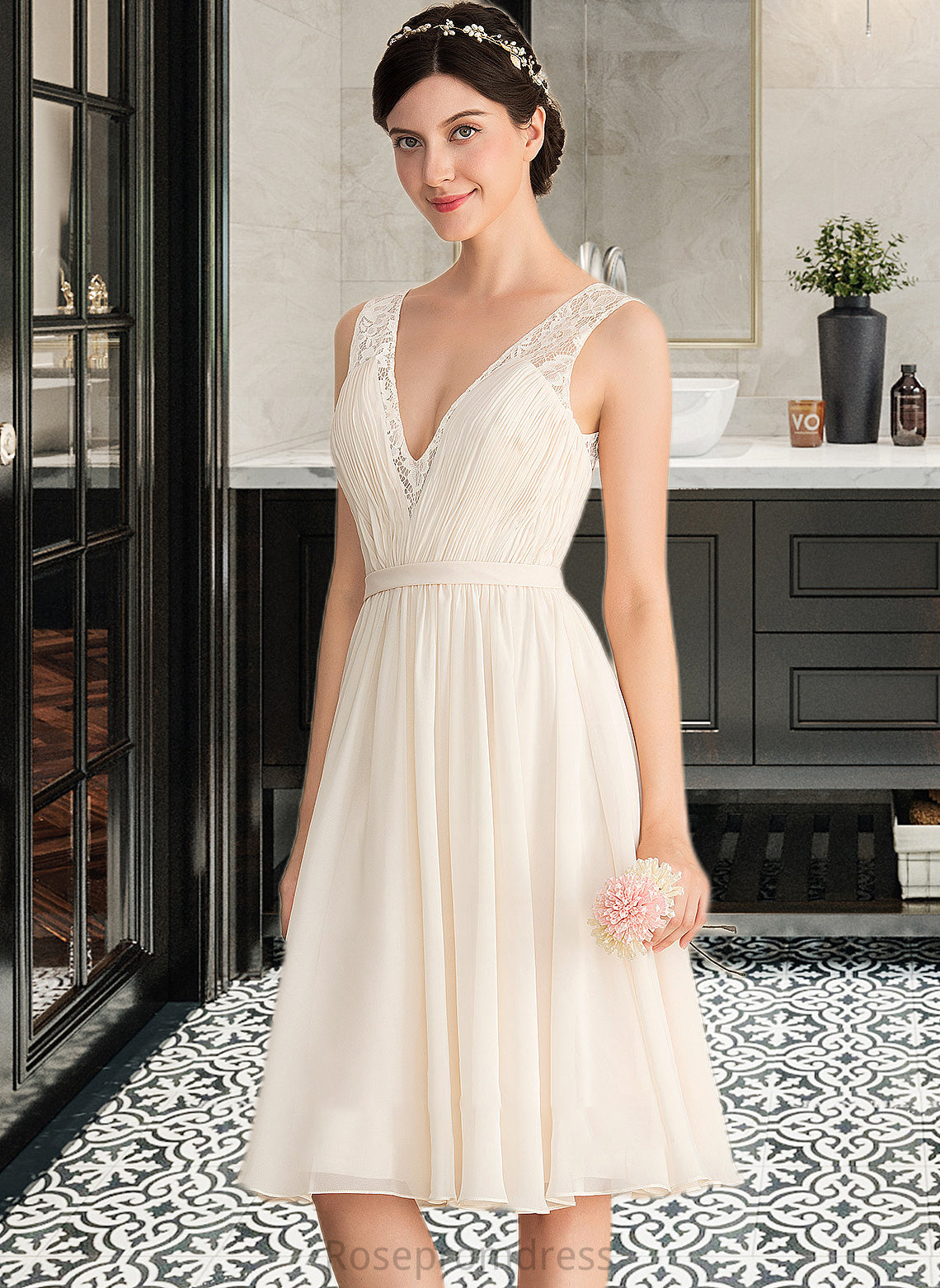 Brylee A-Line V-neck Knee-Length Chiffon Lace Wedding Dress With Ruffle SRSP0013794