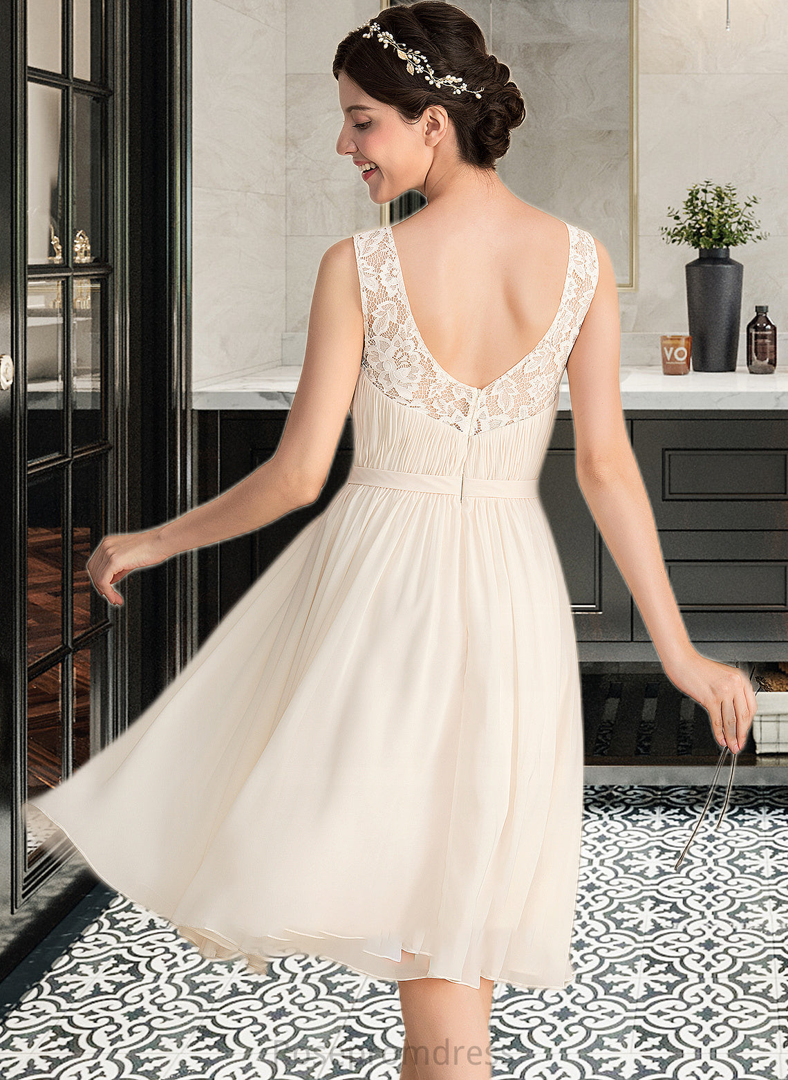 Brylee A-Line V-neck Knee-Length Chiffon Lace Wedding Dress With Ruffle SRSP0013794