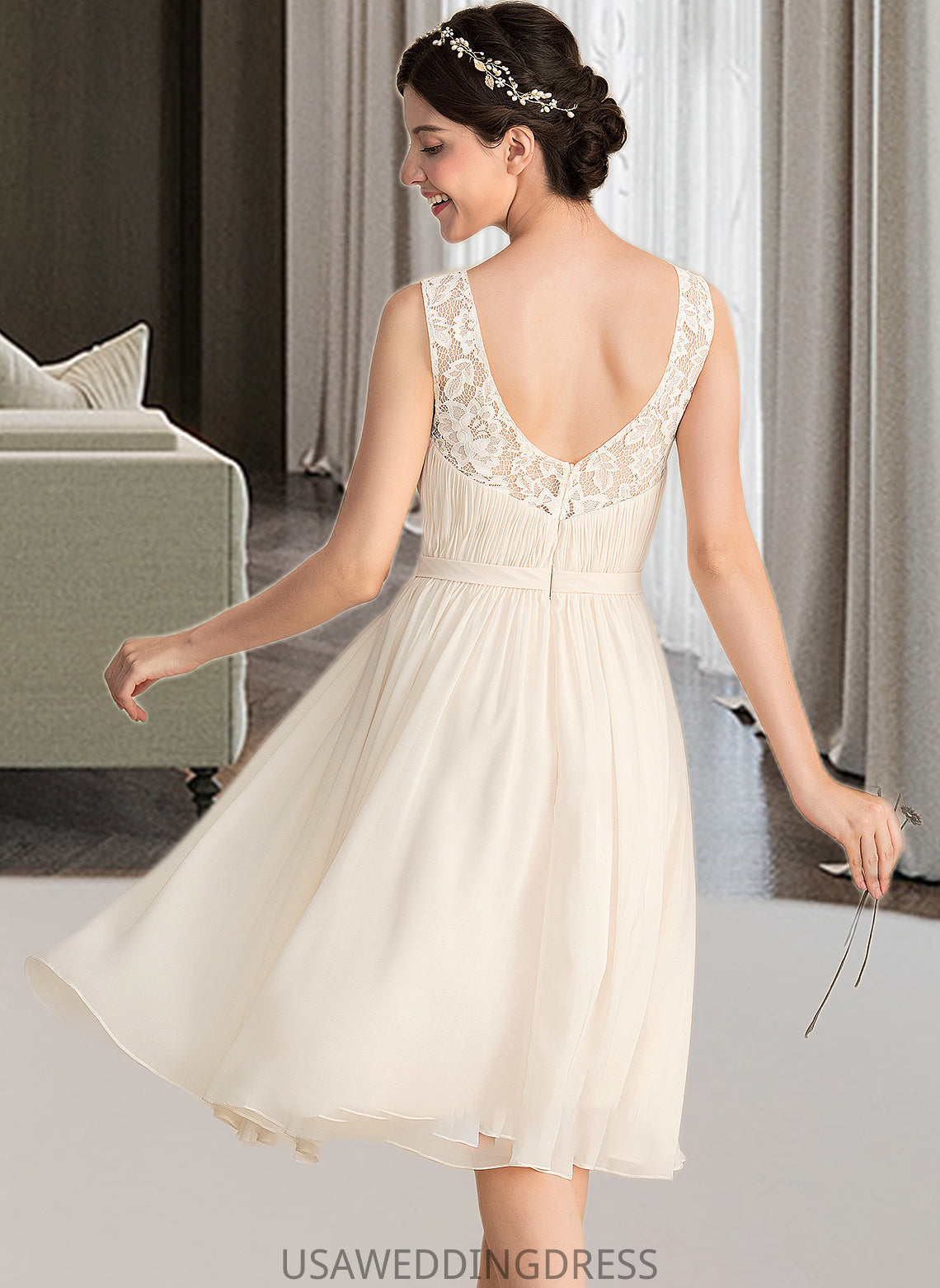 Elsa A-Line V-neck Knee-Length Chiffon Lace Wedding Dress With Ruffle DSP0013794