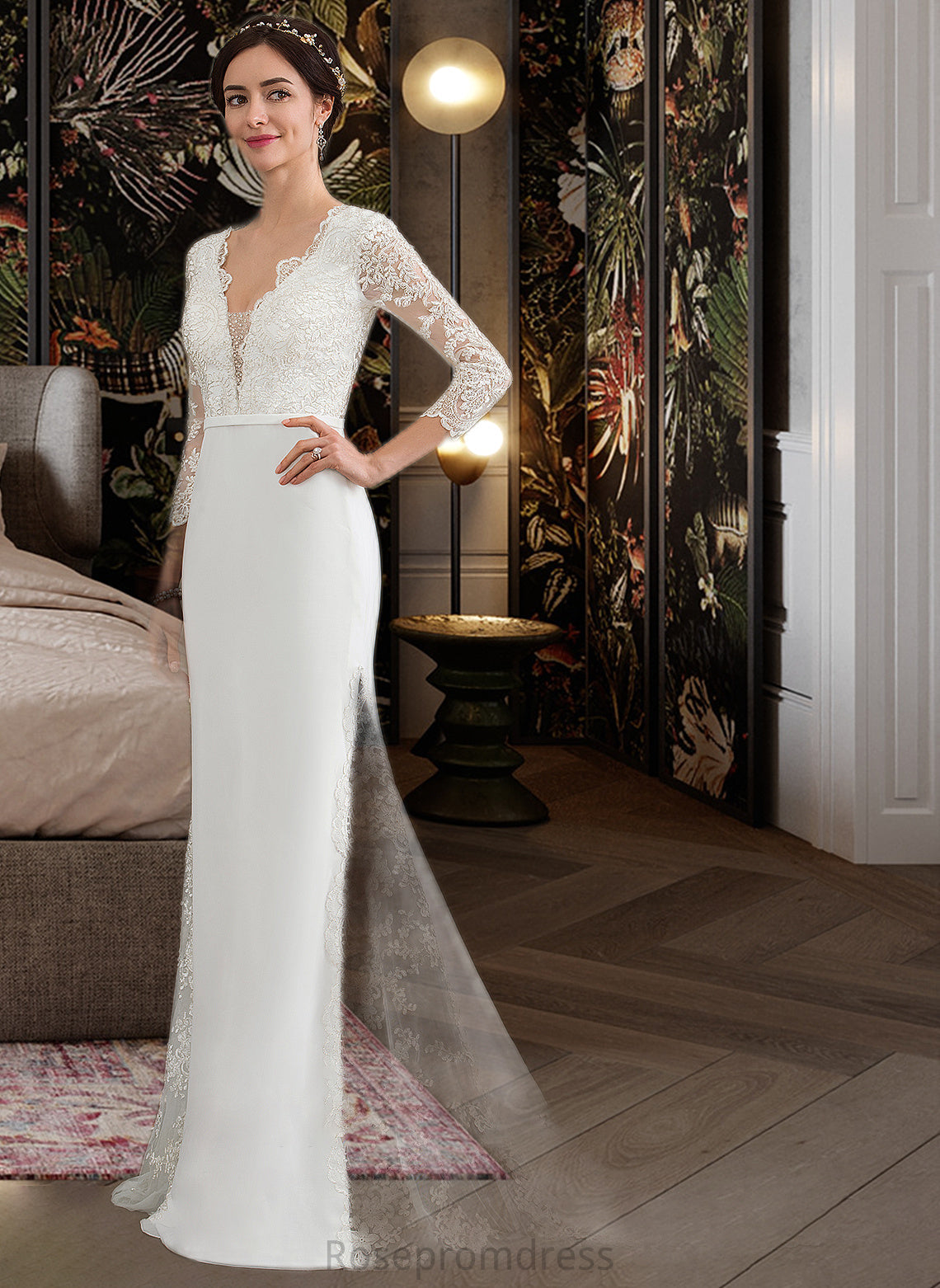 India Trumpet/Mermaid V-neck Chapel Train Chiffon Wedding Dress With Beading Sequins SRSP0013795