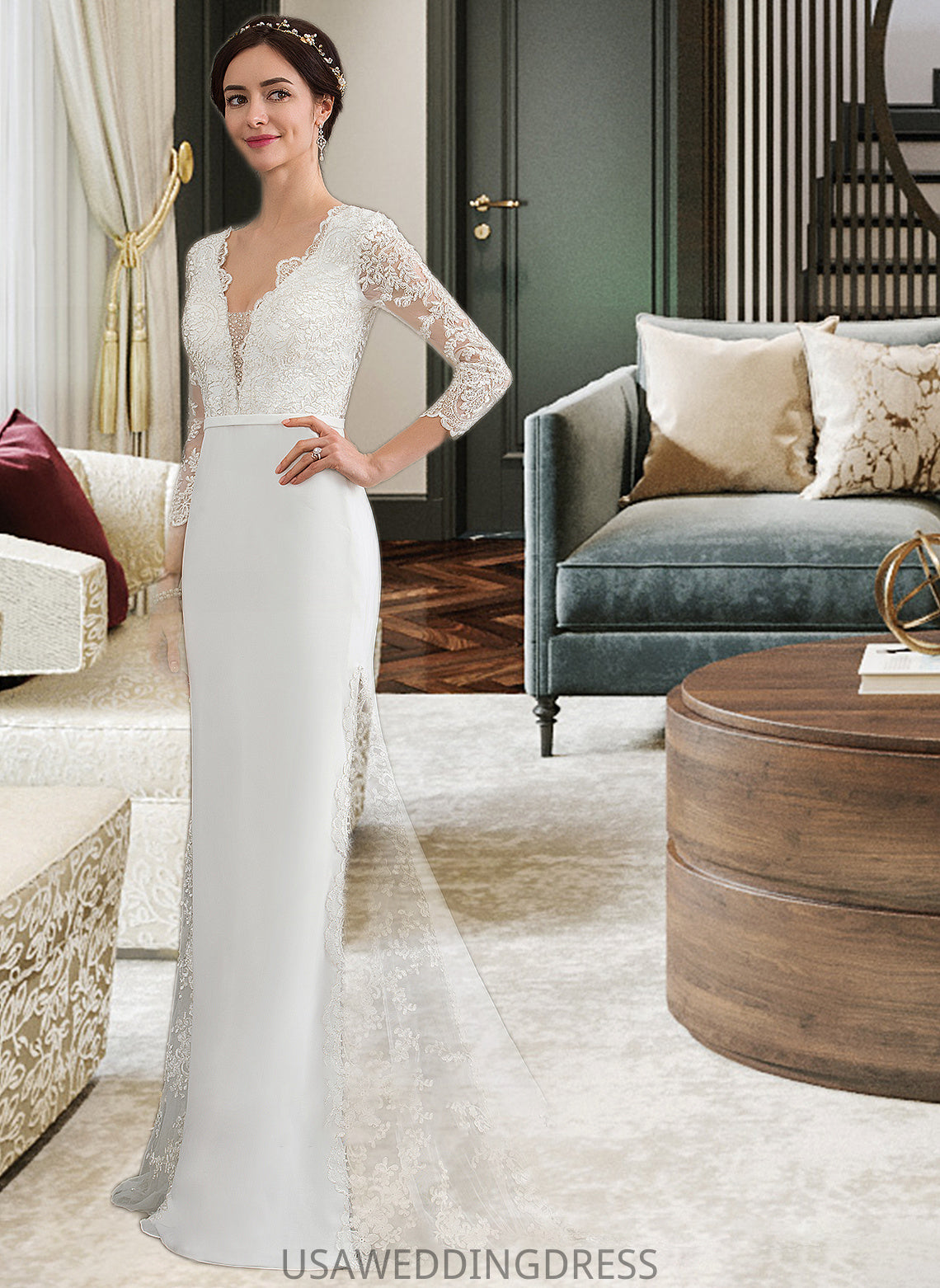 Marin Trumpet/Mermaid V-neck Chapel Train Chiffon Wedding Dress With Beading Sequins DSP0013795