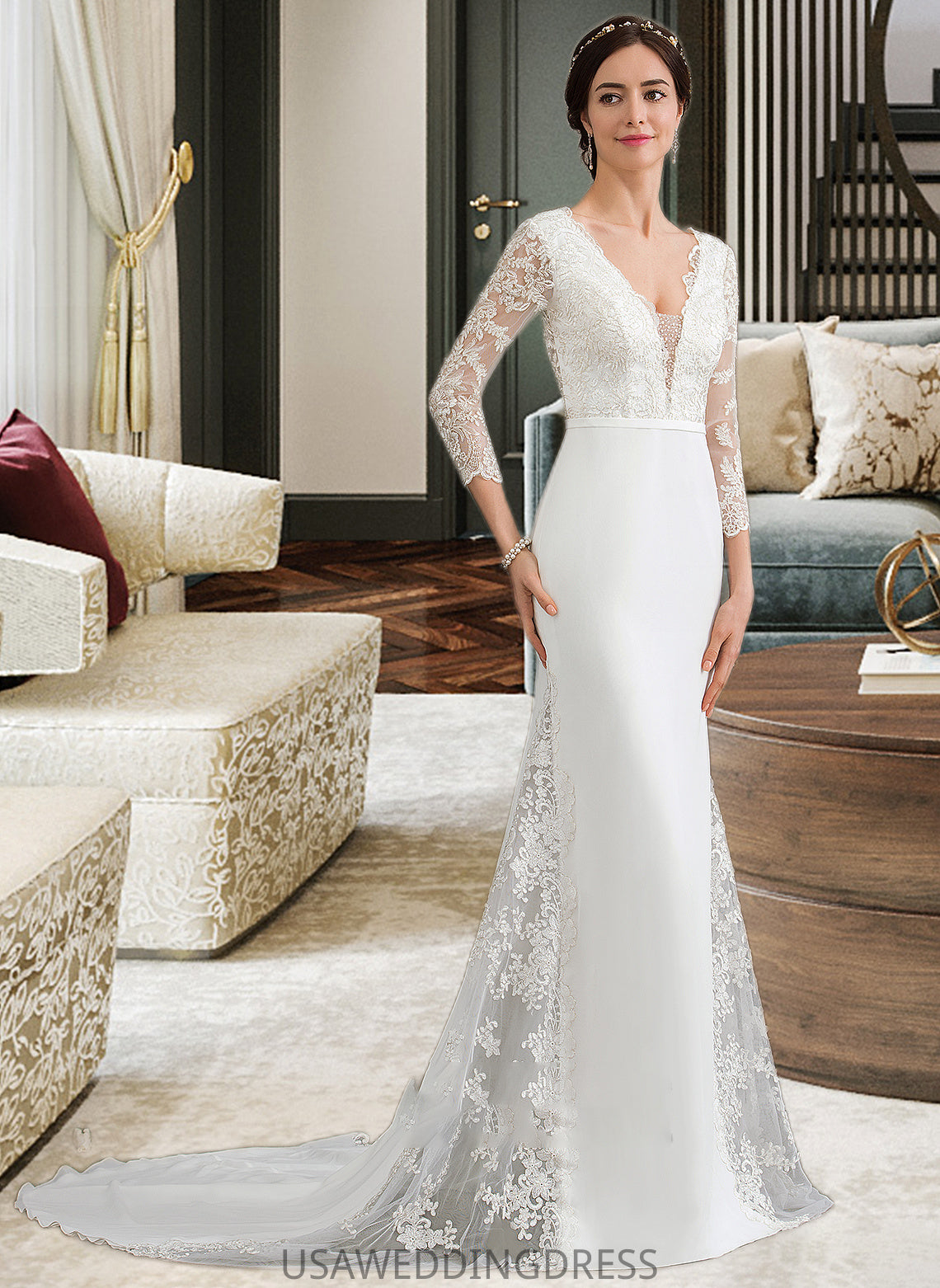 Marin Trumpet/Mermaid V-neck Chapel Train Chiffon Wedding Dress With Beading Sequins DSP0013795