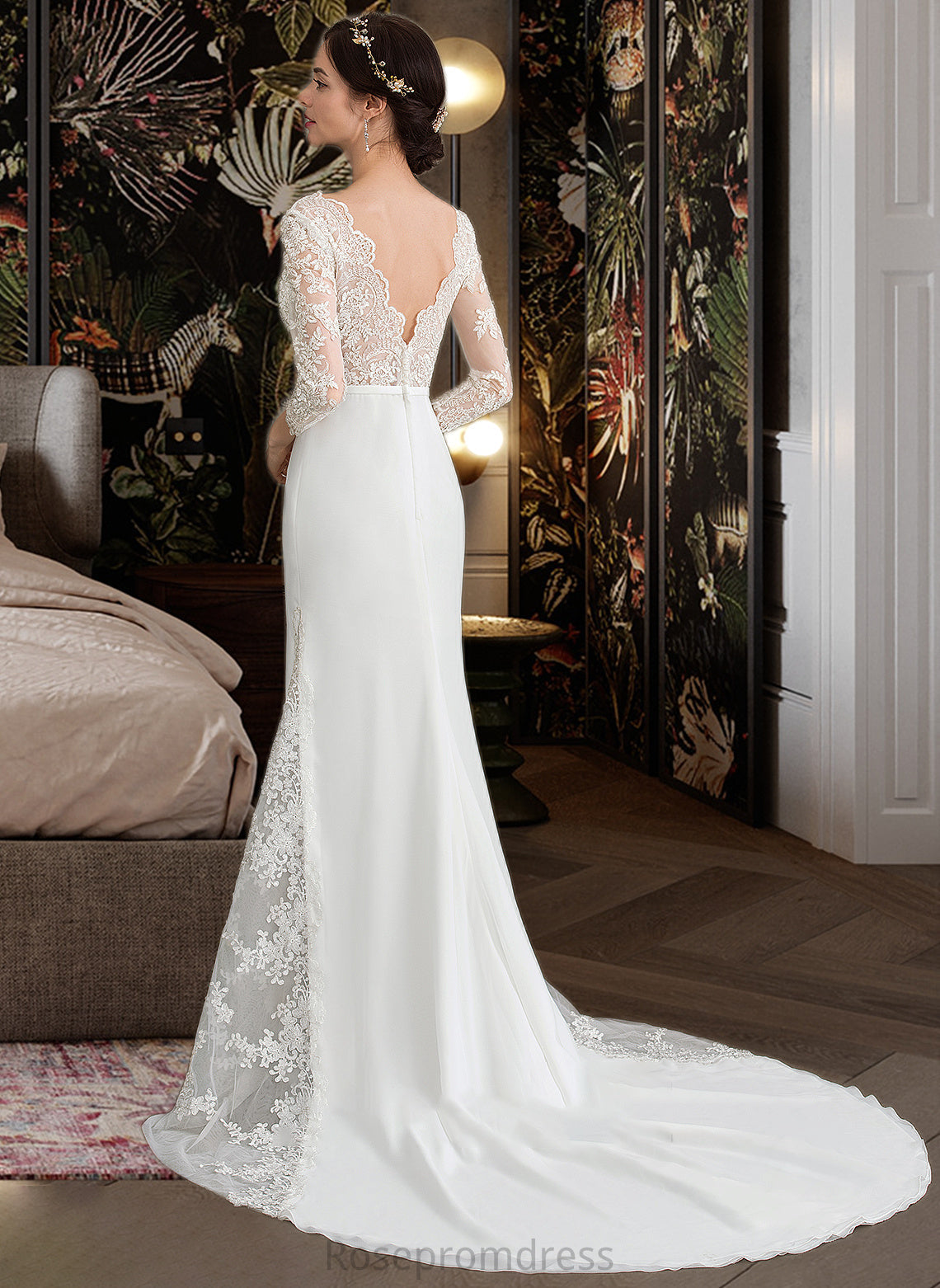 India Trumpet/Mermaid V-neck Chapel Train Chiffon Wedding Dress With Beading Sequins SRSP0013795