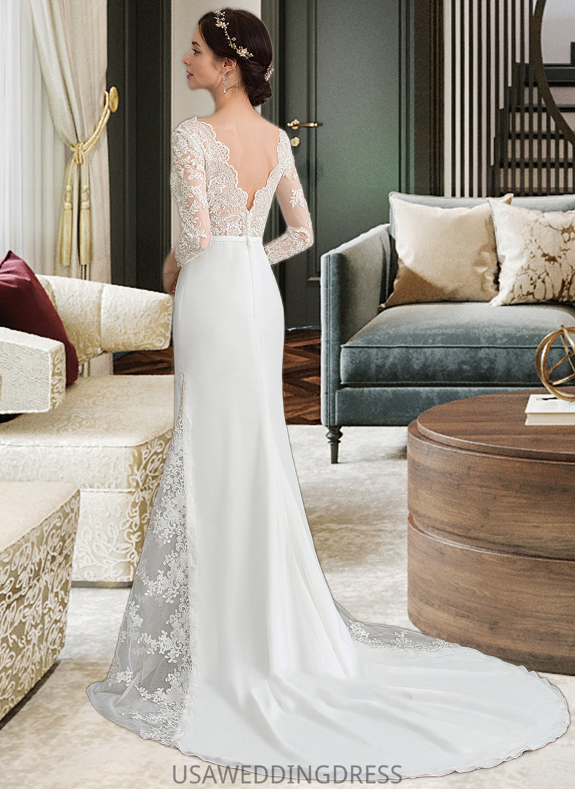 Marin Trumpet/Mermaid V-neck Chapel Train Chiffon Wedding Dress With Beading Sequins DSP0013795