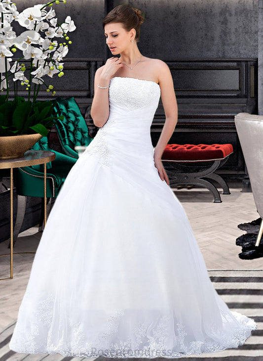 Tina Ball-Gown/Princess Strapless Chapel Train Satin Organza Wedding Dress With Lace Beading SRSP0013796