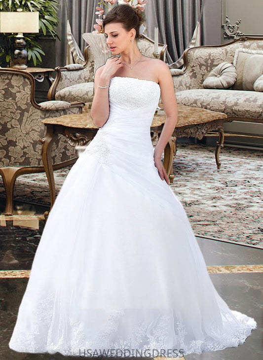 Rosemary Ball-Gown/Princess Strapless Chapel Train Satin Organza Wedding Dress With Lace Beading DSP0013796