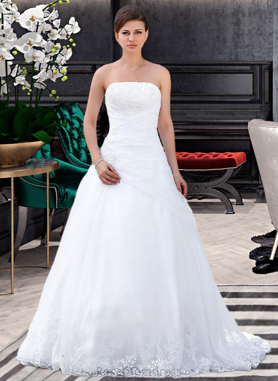 Tina Ball-Gown/Princess Strapless Chapel Train Satin Organza Wedding Dress With Lace Beading SRSP0013796