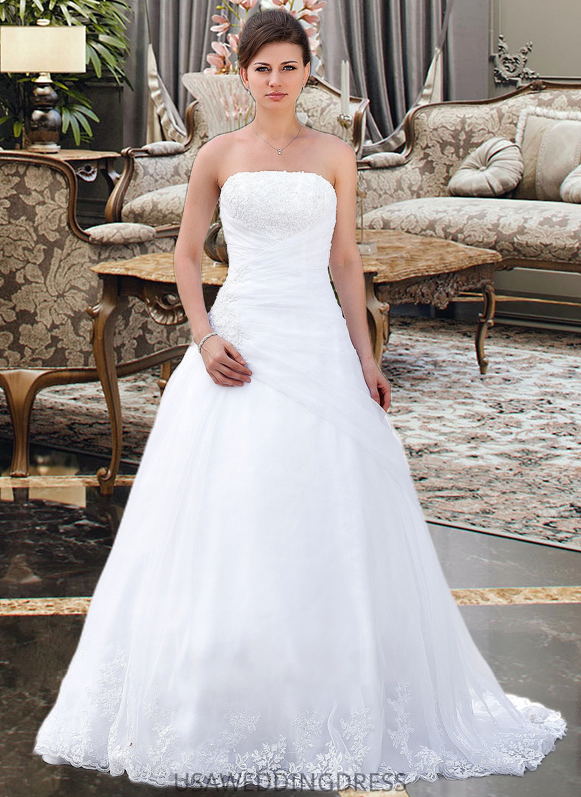 Rosemary Ball-Gown/Princess Strapless Chapel Train Satin Organza Wedding Dress With Lace Beading DSP0013796