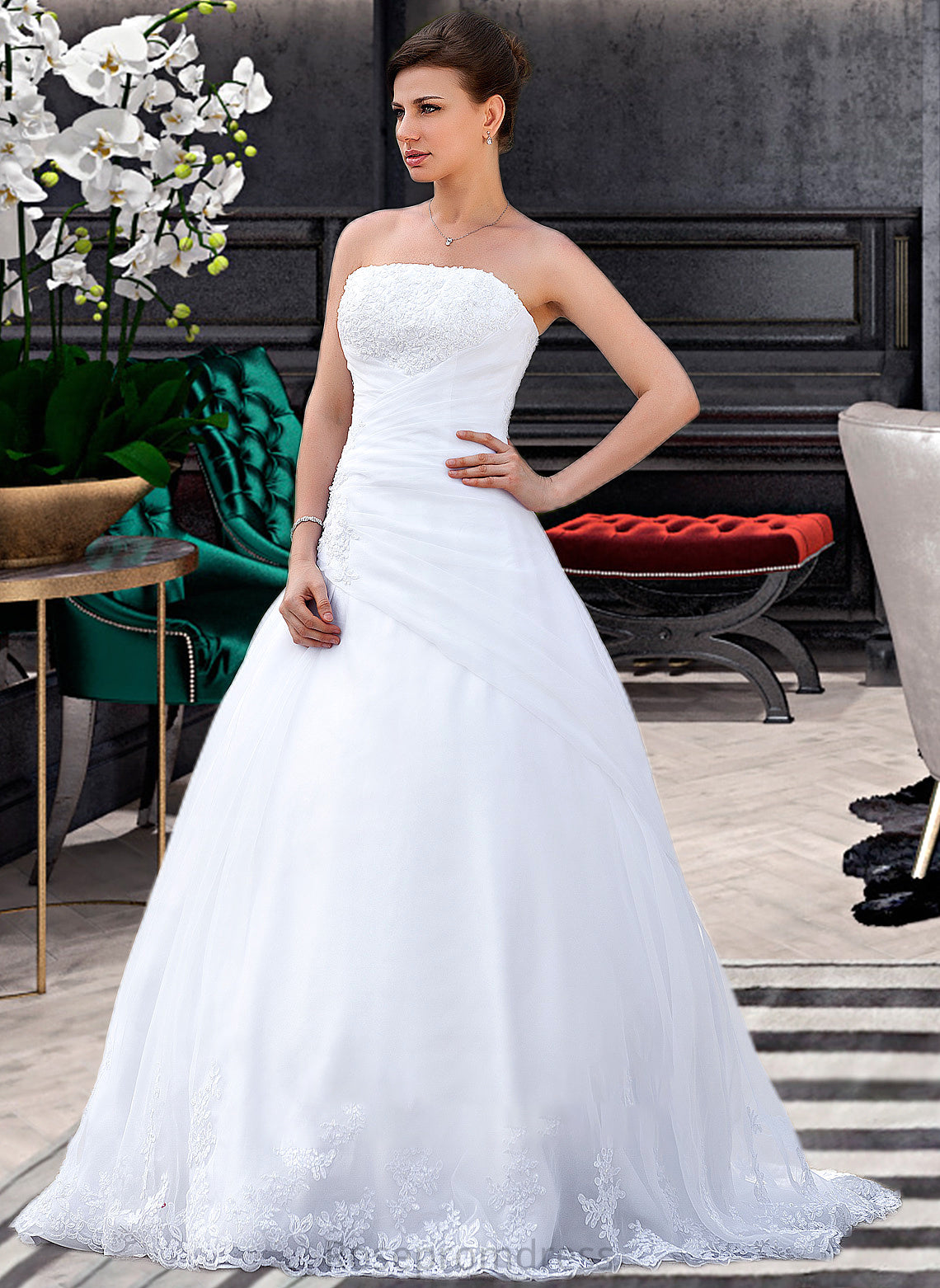 Tina Ball-Gown/Princess Strapless Chapel Train Satin Organza Wedding Dress With Lace Beading SRSP0013796