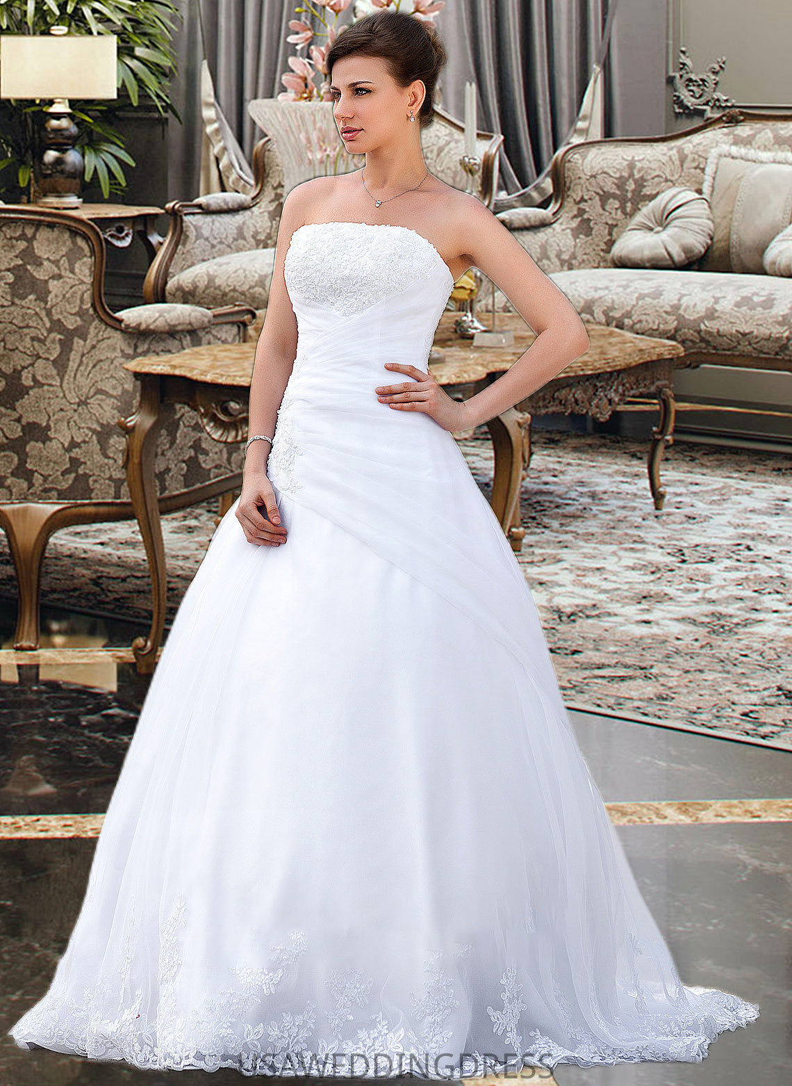 Rosemary Ball-Gown/Princess Strapless Chapel Train Satin Organza Wedding Dress With Lace Beading DSP0013796